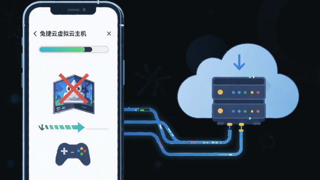 兔捷云云端运行免下载功能展示,主体为手机屏幕中一台虚拟云主机正在加载游戏,布局为左侧手机轮廓、右侧云端服务器图标与数据流连线,排版左右对照,风格为扁平科技插画,细节包含进度条、下载箭头被划掉符号、游戏手柄图标,画质清晰,干净,无多余元素