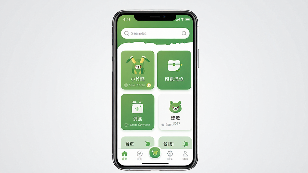 一张展示小竹熊手机应用主界面的预览图,画面中央放置一部现代智能手机,屏幕内显示小竹熊应用的首页布局,包含顶部搜索栏、中部功能卡片和底部导航菜单,界面配色以清新绿色和白色为主,整体风格简洁明快,背景为柔和的浅灰色渐变,画面干净整洁,无多余装饰元素,高清晰度,画质细腻,适合软件下载站展示使用