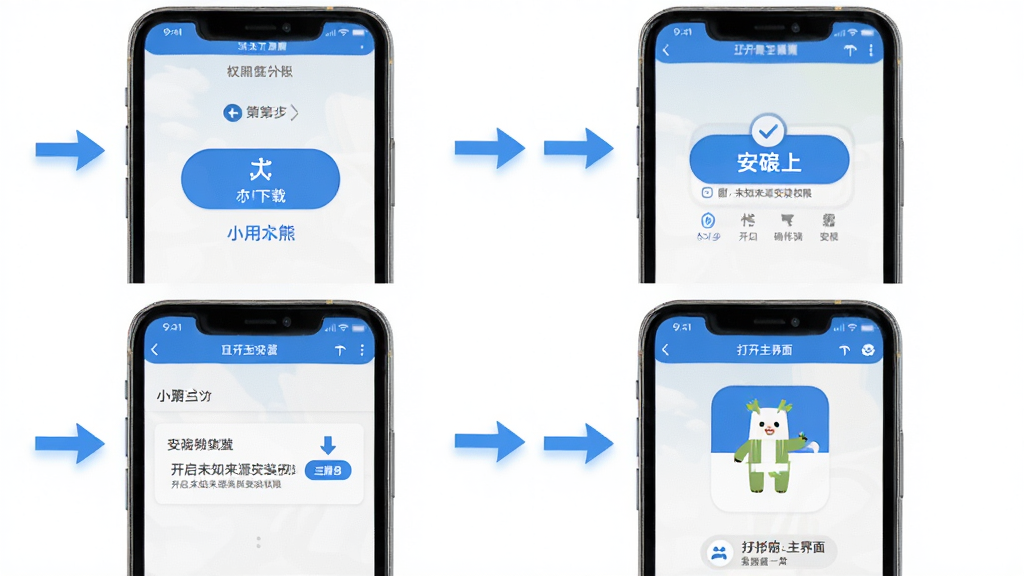 小竹熊应用安装与权限设置操作流程图,画面以手机屏幕截图风格展示四个步骤的分解动作,第一步点击下载按钮,第二步开启未知来源安装权限,第三步确认安装,第四步打开应用主界面,每个步骤配有简洁的箭头指示和文字标注,整体布局清晰明了,配色以蓝色和白色为主,风格干净整洁,适合作为教程配图使用