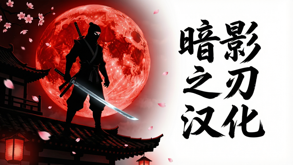 一幅暗黑剪影风格的游戏主视觉图,主体是一位身披黑色忍者服的刺客剪影,手持泛着寒光的长刀,站在中式古建筑的屋顶上,背景是一轮巨大的血红色满月,画面采用高对比度的黑红配色,布局上人物居中偏左,右侧留白处用毛笔书法字体写着“暗影之刃汉化”六个大字,风格为东方暗黑武侠,细节上要有飘落的樱花花瓣和若隐若现的灯笼光影,画质为4K高清,画面干净,无多余元素