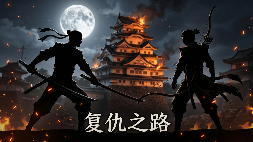 一张游戏剧情界面风格的图片,主体是暗影之刃汉化中的两位忍者角色在月光下对峙的剪影,左侧角色手持双刀,右侧角色背负长弓,布局为对称式构图,背景是燃烧的日式城堡,画面风格为暗黑剪影加戏剧化光影,细节上要有飞舞的火星和飘动的衣摆,画面中央下方用中文标注“复仇之路”四个字,画质为高清,画面干净,无多余元素