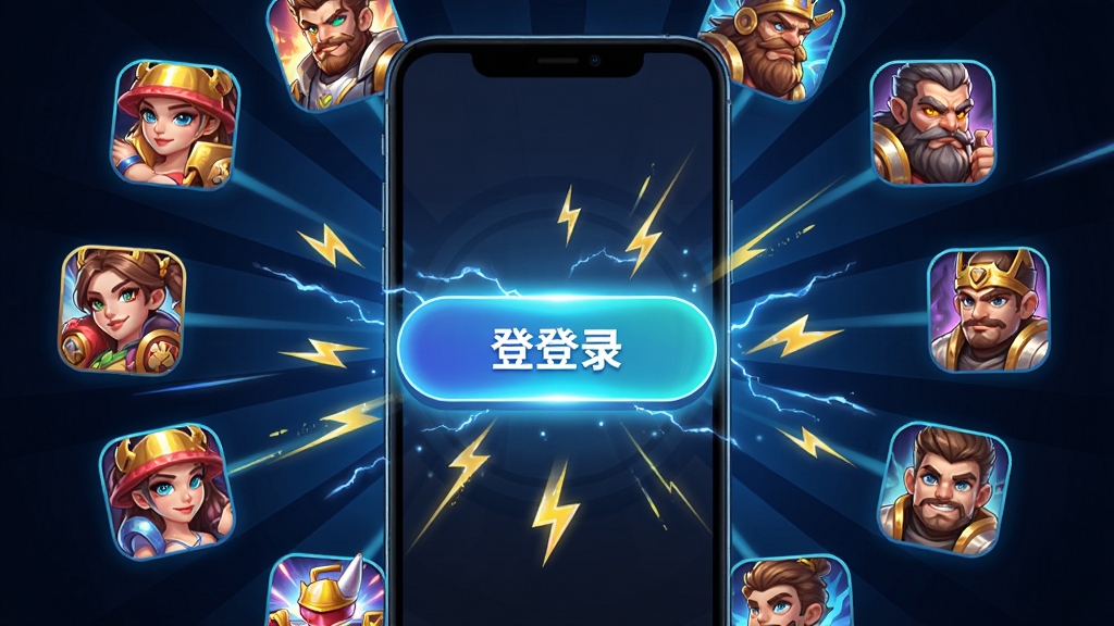 一张展示手游登号器极速版一键登录功能的示意图,主体为手机屏幕中央显示一个发光的登录按钮,布局为按钮周围环绕着多个热门手游图标,排版呈放射状,风格为炫酷科技风,细节上带有闪电符号和加速线条,画质高清,干净,无多余元素