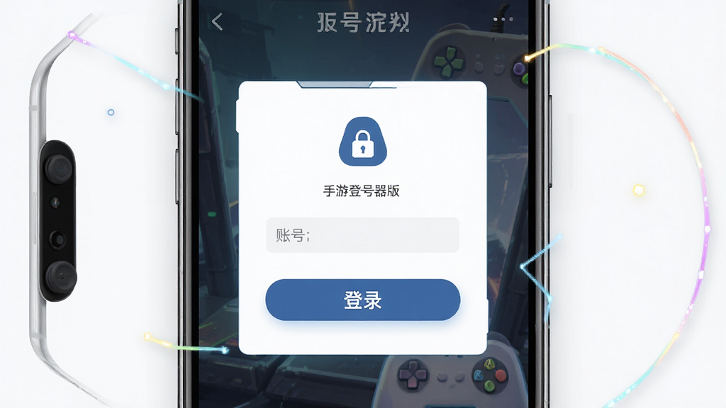 一张展示手游登号器极速版软件界面的预览图,主体为手机屏幕中显示的游戏登录界面,布局为中央展示一个简洁的登录面板,包含账号输入框和醒目的登录按钮,排版清晰,风格为现代科技感UI设计,细节上带有游戏手柄和账号锁的图标元素,画质高清,干净,无多余元素