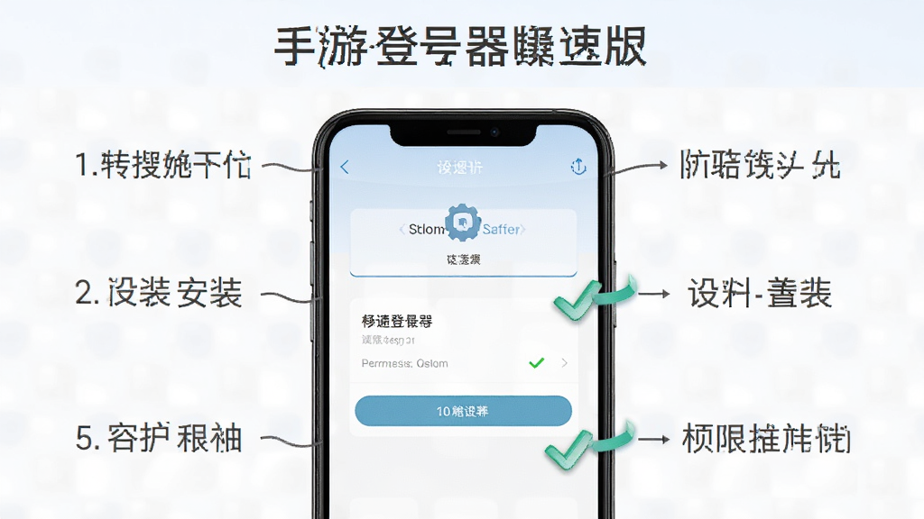 一张展示手游登号器极速版在手机上安装和设置权限的操作步骤示意图,主体为手机屏幕显示权限设置界面,布局为上下排列的步骤说明,排版简洁明了,风格为教程指引风格,细节上带有箭头指示和勾选标记,画质高清,干净,无多余元素