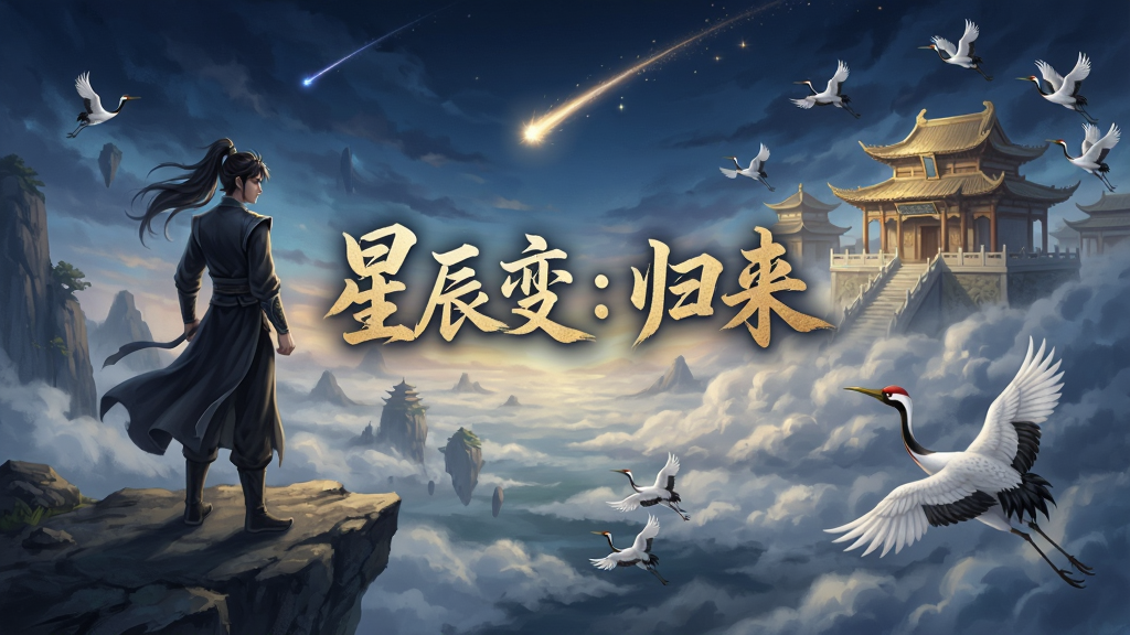 一幅展现修真世界宏大场景的插画,画面左侧是身着黑衣的年轻男子站在悬崖边眺望远方,右侧是漂浮在云海中的仙宫和飞舞的仙鹤,天空中有流星划过,画面中央有“星辰变:归来”的艺术字体,整体风格为东方奇幻,色调以深蓝和金色为主,构图宏大,细节精致,画质高清,干净无多余元素