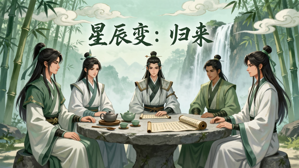 一幅展现多人修真社交场景的插画,画面中有五位不同服饰的修真者围坐在一张石桌旁,桌上放着茶具和卷轴,背景是竹林和瀑布,天空中有祥云飘过,画面中央有“星辰变:归来”的字样,整体风格清新雅致,色调以绿色和白色为主,构图平衡,细节生动,画质清晰,干净无多余元素