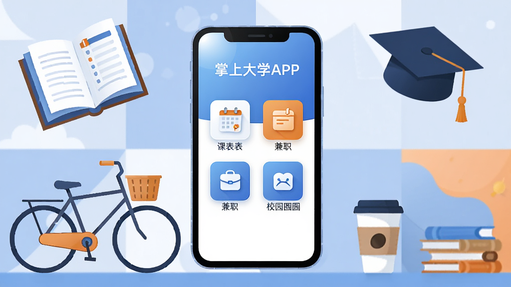 画面中央展示一部智能手机,手机屏幕上显示掌上大学APP的首页界面,界面包含课表、兼职、校园圈子等功能图标。手机周围环绕着校园场景元素,如书本、学士帽、自行车、咖啡杯。布局采用左右对称构图,手机居中放置。风格为现代扁平化插画,色彩以蓝色和白色为主色调,搭配橙色点缀。细节上手机屏幕有轻微的渐变光泽,背景为柔和的几何图形拼接。画质高清,画面干净,无多余元素。