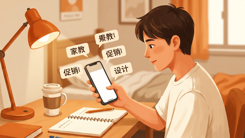 画面展示一位大学生坐在书桌前用手机浏览兼职信息,手机屏幕上方漂浮着多个兼职岗位标签,如家教、促销、设计。布局采用人物半身特写,手机屏幕为视觉焦点。风格为温暖写实的插画风,色彩以暖橙色和米白色为主。细节上桌面有笔记本、咖啡杯和台灯,背景是宿舍环境。画质高清,画面干净,无多余元素。