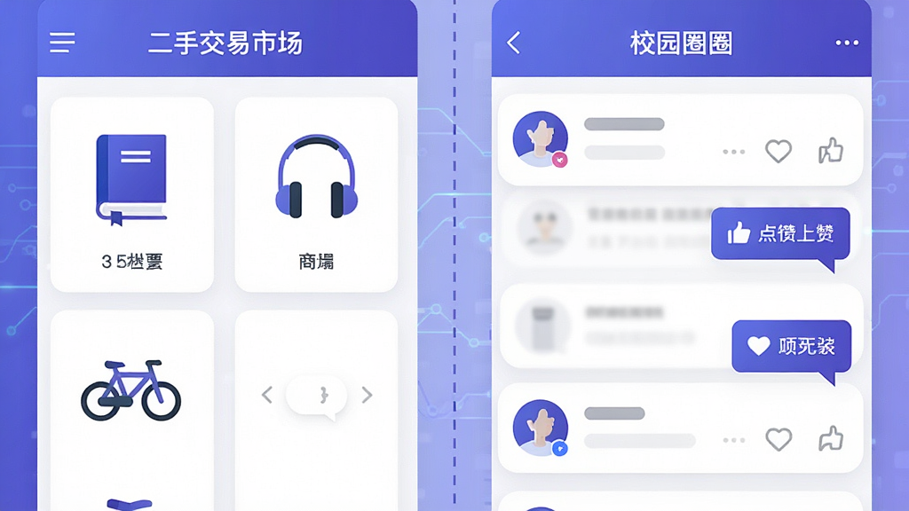 画面分为左右两部分,左侧是二手交易市场的商品列表界面,右侧是校园圈子动态界面。中间用一条虚线分隔。布局采用双屏并列展示。风格为现代科技感扁平设计,色彩以蓝紫色和白色为主。细节上商品列表有书籍、耳机、自行车图标,圈子界面有点赞和评论气泡。画质清晰,画面干净,无多余元素。
