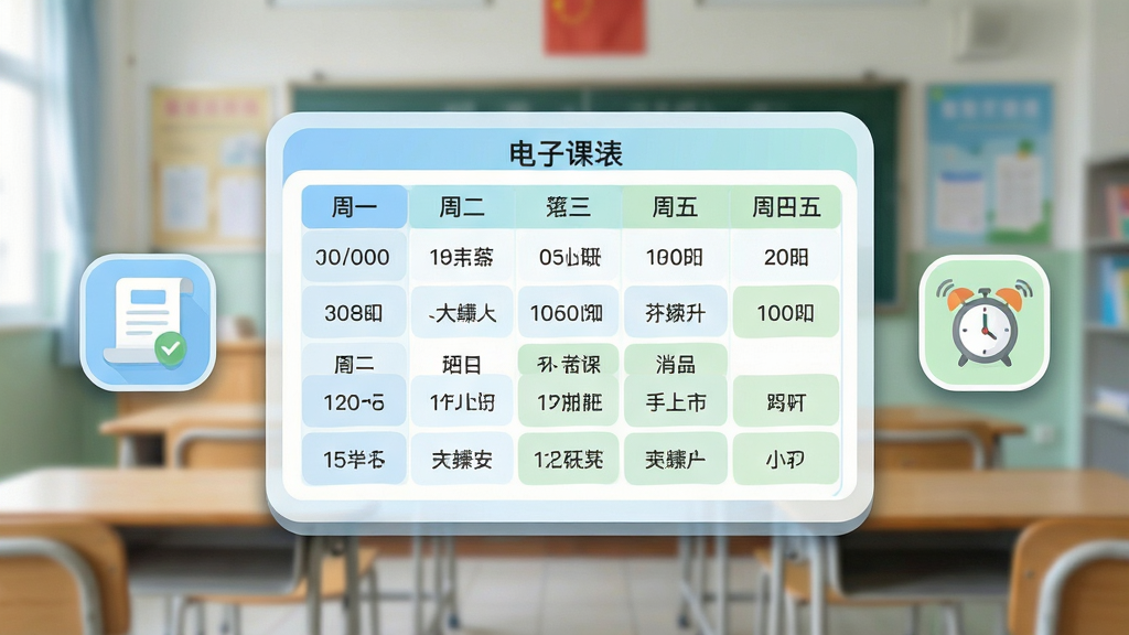 画面中心是一块悬浮的电子课表界面,上面清晰显示周一至周五的课程安排,课程名称用中文标注。课表旁边有一个成绩单图标和闹钟提醒图标。布局采用居中对称,课表占据画面主体。风格为清新简约的扁平设计,色彩以浅蓝、白色和淡绿色为主。细节上课表有圆角边框和阴影效果,背景为虚化的教室场景。画质清晰,画面干净整洁,无多余元素。