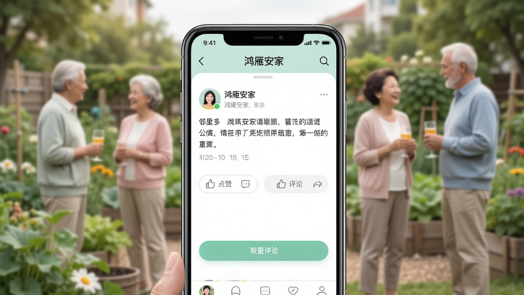 ����չʾһ���ֻ���Ļ����Ļ����ʾ�����㰲�ҡ�APP������Ȧ���棬���û�ͷ���������ݡ��������۰�ť���ֻ�����Ϊ������԰���м�λ���������죬���Ϊ�����罻�磬ɫ����ͣ������ֻ����б����黯��ϸ�����������ʸ��壬�ɾ��޶���Ԫ��