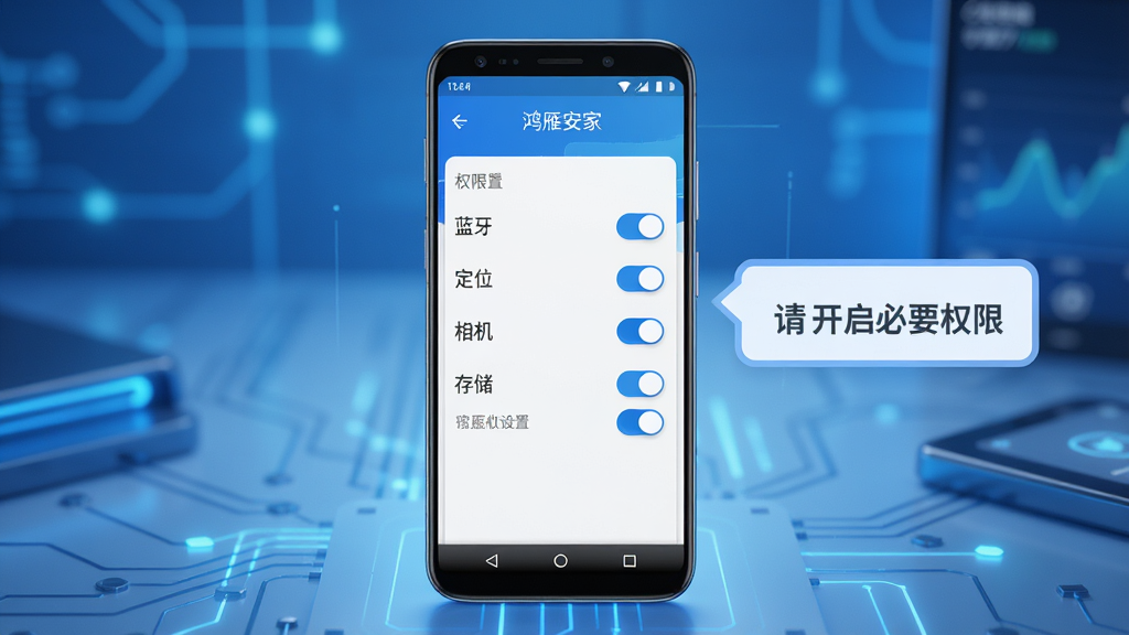 ����չʾһ����׿�ֻ�����Ļ��ʾ�����㰲�ҡ�APP��Ȩ�����ý��棬����������λ��������洢��Ȩ�޿��أ��ֻ��Ա���һ����ʾ��д�š��뿪����ҪȨ�ޡ�������Ϊ���ĿƼ����ɫ����ɫΪ���������ֻ����У�ϸ�����������ʸ��壬�ɾ��޶���Ԫ��