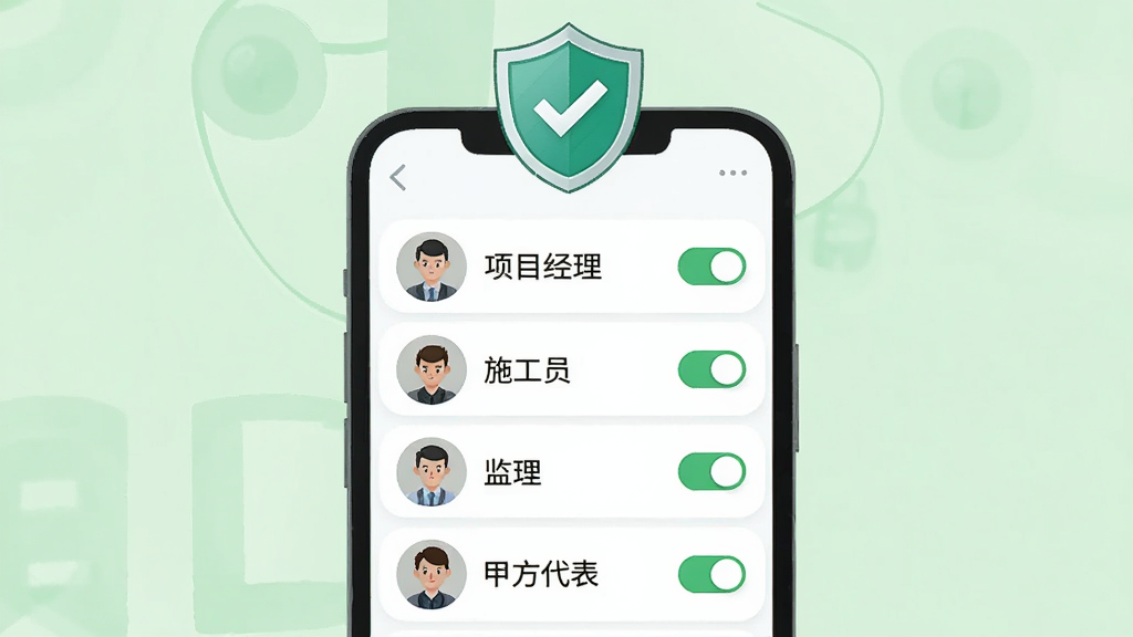 项岛多角色权限管理示意图,画面中央为手机屏幕显示角色列表,列表项包括项目经理、施工员、监理、甲方代表,每个角色旁边有权限开关图标,手机上方有盾牌形状的安全图标,背景为浅绿色,风格为简洁商务插画风,细节包含角色头像和权限图标,画质清晰,干净,无多余元素