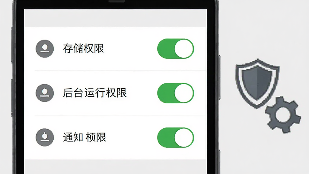 项岛安卓手机安装权限设置界面示意图,画面主体为手机屏幕显示设置菜单,菜单项包括存储权限、后台运行权限、通知权限,每个权限旁边有开关按钮,手机旁边有一个盾牌和齿轮图标,背景为浅灰色,风格为简洁UI说明风,细节包含权限图标和开关状态,画质清晰,干净,无多余元素