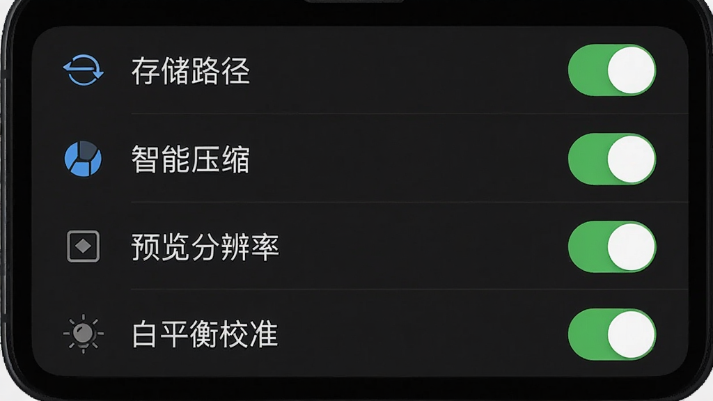 一张手机屏幕展示仪表堂堂应用的设置页面,页面上有“存储路径”“智能压缩”“预览分辨率”“白平衡校准”等选项开关,背景为深色模式界面,风格为简洁设置列表,细节包括图标、开关状态、文字标签,画质高清,干净,无多余元素