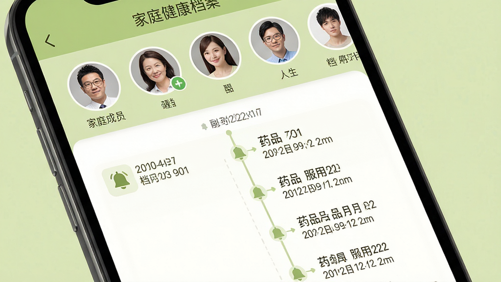 手机界面展示家庭健康档案页面,顶部有家庭成员头像列表,下方为每位成员的用药记录时间轴,时间轴上标注药品名称和服用日期,整体风格为温馨的浅绿色调,布局为头像横排加纵向时间线,细节包括提醒铃铛图标和档案编号,画质高清,画面干净,无多余元素