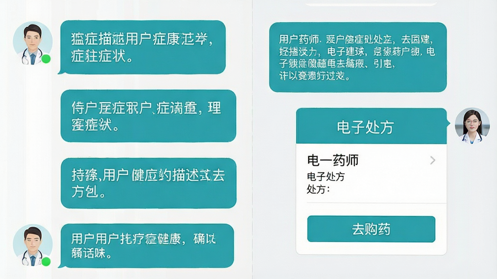 手机聊天界面展示用户与药师的对话,左侧为用户发送的症状描述,右侧为药师回复的建议和处方单卡片,卡片上有“电子处方”字样和“去购药”按钮,整体风格为医疗健康类APP的蓝绿色调,布局为聊天气泡加卡片,细节包括药师头像和在线状态标识,画质清晰,画面干净,无多余元素