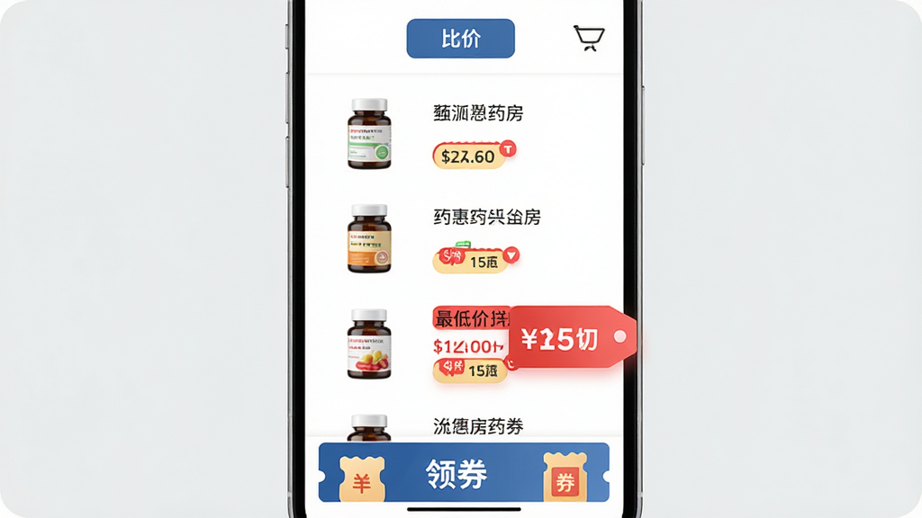 手机界面展示药品比价列表,左侧为药品图片,右侧显示三家药房的价格标签,其中最低价用红色高亮,页面顶部有“比价”按钮和筛选图标,底部有“领券”横幅,整体风格为简约电商风,布局为纵向列表,细节包括价格数字和优惠标签,画质高清,画面干净,无多余元素