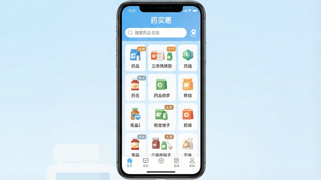 手机屏幕正中央展示“药实惠”APP首页界面,页面顶部为搜索框和定位图标,中部为药品分类图标网格,底部为导航栏,背景为干净的浅蓝色渐变,整体布局简洁清晰,风格为现代扁平化UI设计,细节包括搜索框内文字“搜索药品名称”、分类图标带有小标签,画质高清,画面干净,无多余元素