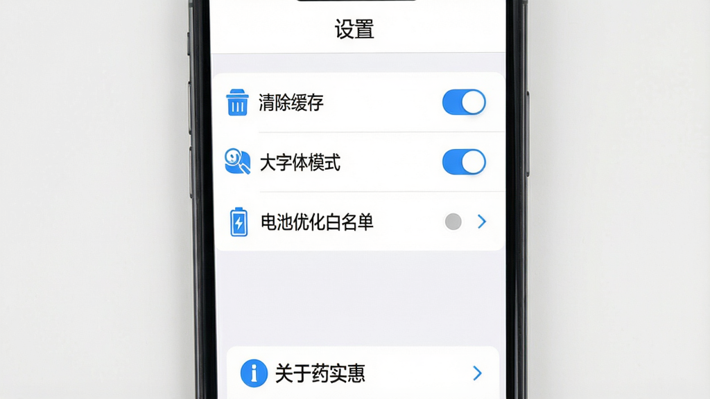 手机界面展示药实惠APP的设置页面,包含“清除缓存”“大字体模式”“电池优化白名单”等选项,页面顶部有“设置”标题,底部有“关于药实惠”入口,整体风格为简洁的白色背景加蓝色图标,布局为纵向列表,细节包括开关按钮和箭头指示,画质高清,画面干净,无多余元素