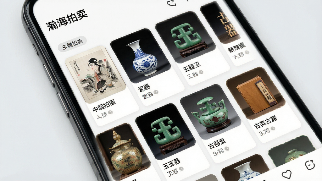 一张展示瀚海拍卖应用内多品类拍品网格布局的图片,画面主体为手机屏幕特写,屏幕上整齐排列着中国书画、瓷器、玉器、古籍等不同分类的拍品卡片。每张卡片上配有高清缩略图和简短的品名。背景为淡雅的浅灰色,排版清晰有序,风格现代简约。细节上体现分类标签和筛选图标,画质清晰,干净无多余元素。