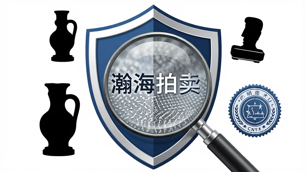 一张展示瀚海拍卖鉴定证书与信用保障概念的图片,画面主体是一个带有放大镜的盾牌图标,盾牌上印有“瀚海拍卖”字样。盾牌周围环绕着艺术品剪影和认证印章。背景为干净的白色,布局居中,风格商务且值得信赖。细节上体现放大镜下的微观纹理,画质高清,干净无多余元素。