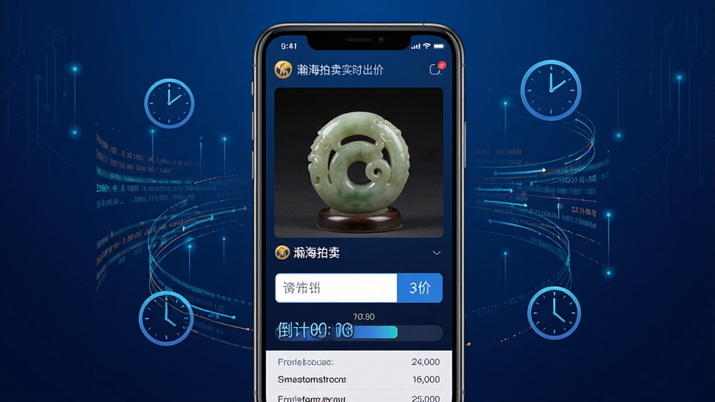 一张展示瀚海拍卖实时出价界面的概念图,画面中心是手机屏幕,屏幕上显示着一件正在拍卖的玉器,下方有醒目的出价输入框和倒计时进度条。屏幕周围有动态的数据流线条和时钟图标,象征实时同步。背景为深蓝色渐变,风格科技感与专业感并存。细节上体现领先标识和出价记录列表,画质高清,干净无多余元素。