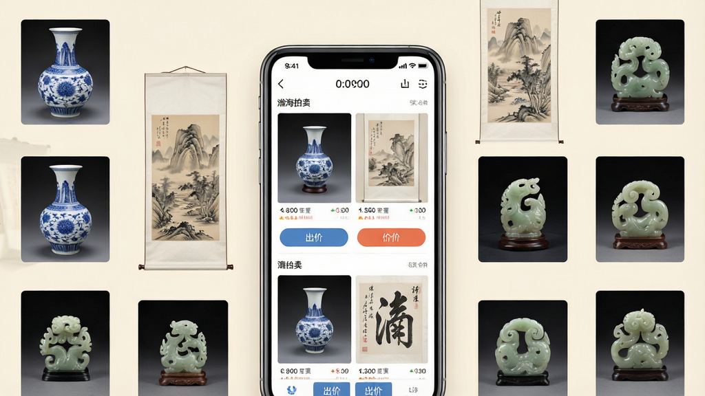 一张展示瀚海拍卖移动端应用界面的概念图,画面中央是一个现代风格的智能手机,屏幕上显示着精美的瓷器与书画拍卖列表。手机周围环绕着艺术品的缩略图,如青花瓷瓶、山水画卷和玉雕摆件。背景采用柔和的米白色调,布局居中对称,风格简洁商务且具有艺术感。细节上体现屏幕内清晰的出价按钮和倒计时数字,画质高清,干净无多余元素。
