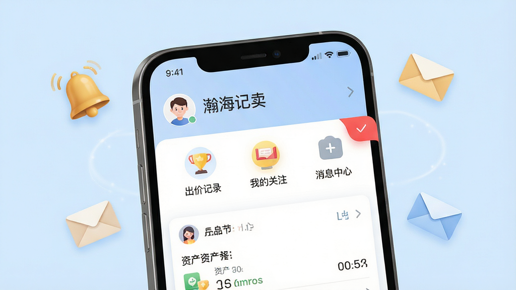 一张展示瀚海拍卖个人中心与消息通知界面的概念图,画面为手机屏幕特写,屏幕上显示着出价记录、我的关注和消息中心图标,消息中心有红色的未读角标。屏幕周围漂浮着铃铛和信封图标。背景为柔和的浅蓝色,排版清晰,风格清新友好。细节上体现用户头像和资产概览,画质高清,干净无多余元素。