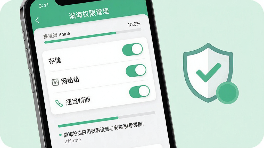 一张展示瀚海拍卖应用权限设置与安装引导界面的概念图,画面为手机屏幕特写,屏幕上显示着权限管理列表,包括存储、网络和通知权限的开关按钮。屏幕旁边有一个盾牌图标和勾选标记。背景为柔和的浅绿色,风格清晰实用。细节上体现安装进度条和提示文字,画质高清,干净无多余元素。