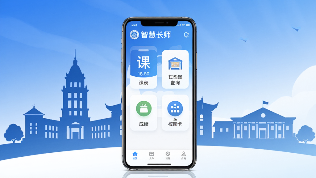 智慧长师应用主界面展示图,画面中央放置一部智能手机,手机屏幕显示智慧长师APP的首页界面,包含课表、成绩查询、校园卡等功能图标,背景为长沙师范学院标志性建筑剪影,整体采用蓝白渐变色调,风格简洁现代,细节清晰,画质高清,干净无多余元素