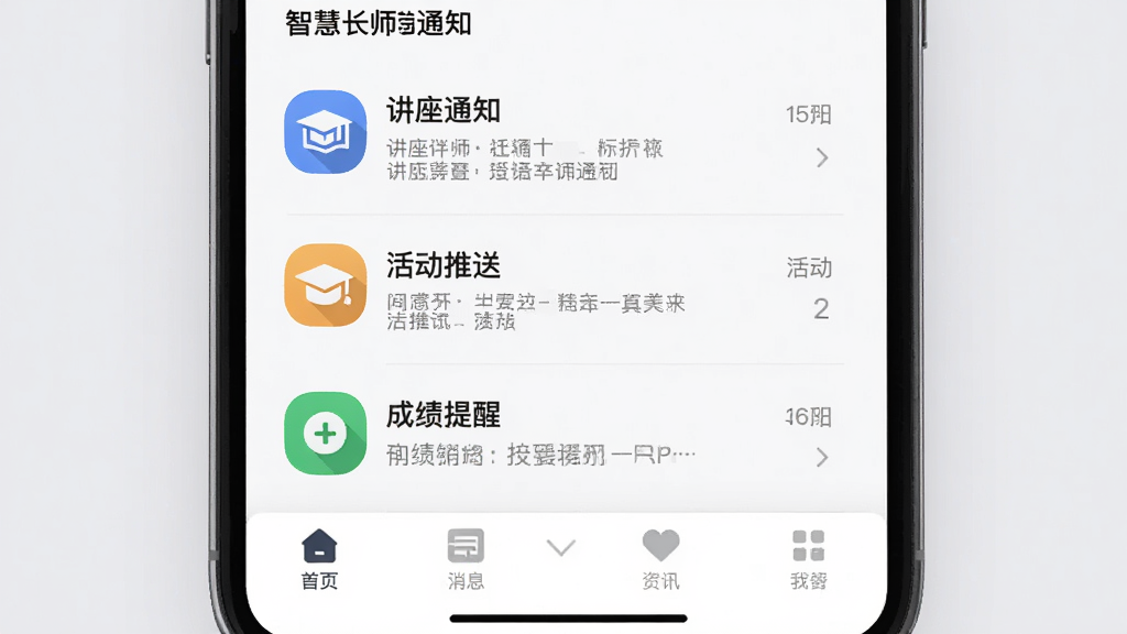智慧长师消息通知与校园资讯界面图,手机屏幕展示消息列表页面,包含讲座通知、活动推送、成绩提醒等多种消息类型,每条消息带有彩色图标标识,界面底部有分类导航栏,背景简洁浅灰色,整体风格统一清爽,画质高清,细节精致,干净无多余元素
