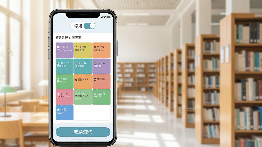 智慧长师教务管理功能界面图,一部手机屏幕中清晰展示课程表网格界面,不同课程用不同颜色色块标注,顶部显示学期切换按钮,底部有成绩查询入口,背景为淡雅的校园图书馆场景,风格清新明快,画质清晰,细节丰富,干净无多余元素