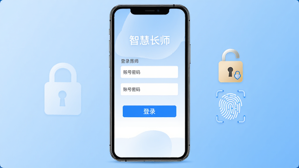 智慧长师登录界面与账号安全设置示意图,手机屏幕展示登录页面,包含账号密码输入框和登录按钮,旁边有安全锁图标和指纹识别标识,背景为淡蓝色渐变,风格安全可靠,画质清晰,细节到位,干净无多余元素