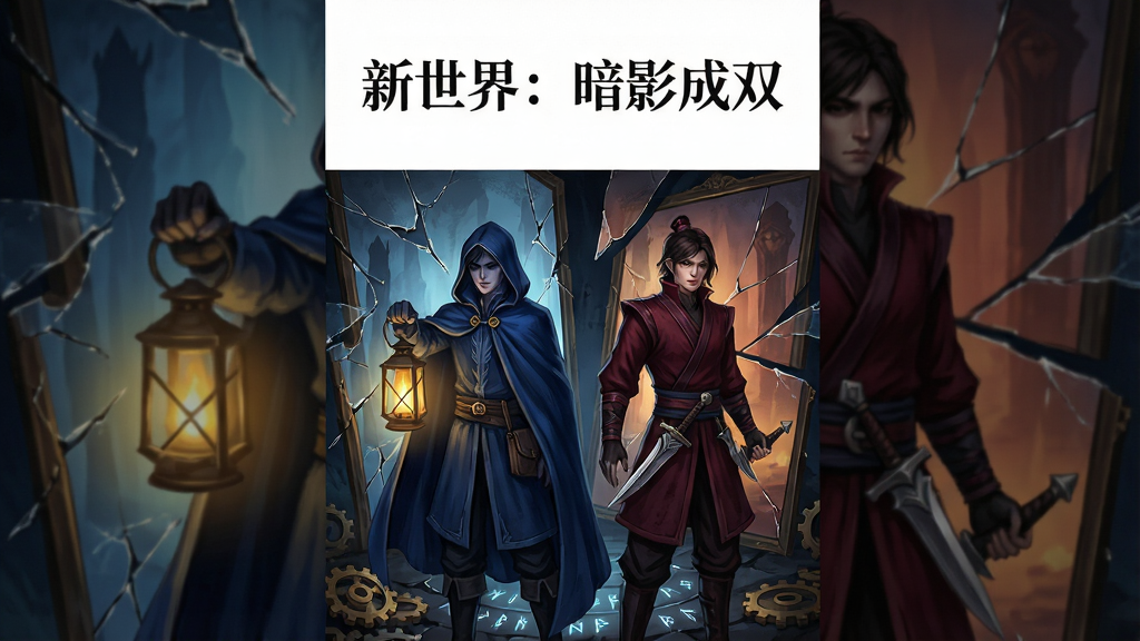 一幅竖版手机游戏宣传图,画面中央并排站立两位风格迥异的角色,左侧角色身穿深蓝色斗篷手持发光提灯,右侧角色身着暗红色劲装腰间挂着短刃,两人身后是破碎的镜面世界,镜中倒影呈现相反的色调,整体布局为上下分层,上方三分之一留白用于放置游戏标题文字“新世界:暗影成双”,下方三分之二为角色与场景主体,风格为暗黑手绘插画,细节包括角色服饰纹理、镜面裂痕反光、地面散落的齿轮与符文,画质高清,干净无多余元素,色彩以深蓝、暗红、墨黑为主,点缀暖黄色灯光,整体氛围神秘且富有故事感