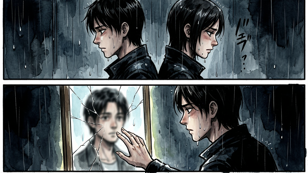 一幅动态漫画风格插图,画面采用分镜布局,上方一格显示两位角色在雨中背对背站立,下方一格显示其中一位角色伸手触碰一面发光的镜子,镜子中映出另一个人的模糊面容,整体风格为暗黑水彩漫画,细节包括雨滴的线条、镜面的裂纹、角色表情的细微变化,画质清晰,干净无多余元素,画面中不出现任何文字