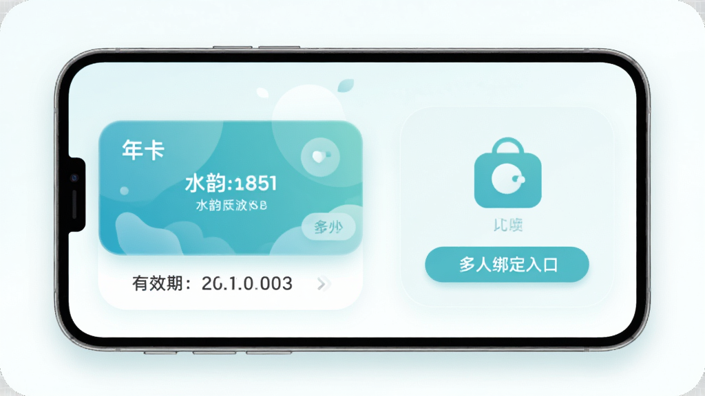 ˮ������App�꿨��������չʾ���ֻ���Ļ��ʾ�꿨��Ƭ����Ч����Ϣ�Ͷ��˰���ڣ�����������Բ����ƣ���ɫ������ɫΪ���������ɾ����࣬����ϸ�壬�޶���װ��Ԫ��