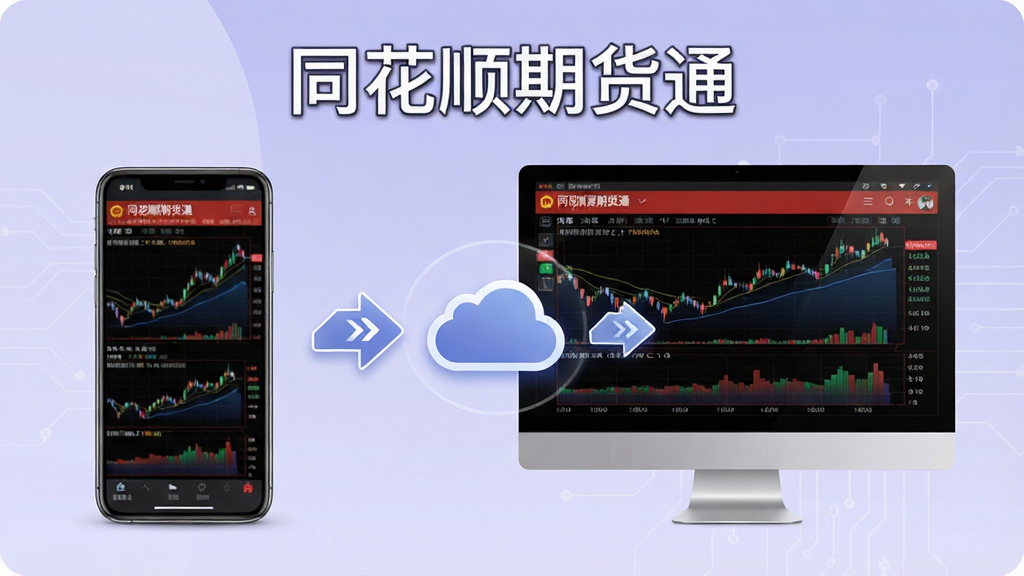 一张展示同花顺期货通多终端同步功能的预览图,画面为手机与电脑并排显示相同期货行情界面,中间有云同步图标连接,屏幕上方有“同花顺期货通”文字,布局为左右对称,背景为浅紫色科技渐变,风格现代简约,细节包括同步箭头、设备轮廓、行情图表,画质清晰,干净无多余元素
