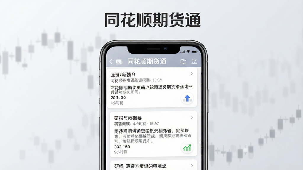 一张展示同花顺期货通资讯研报功能的预览图,画面为手机屏幕内显示新闻列表与研报摘要卡片,屏幕上方有“同花顺期货通”文字,布局为手机居中,背景为浅灰色阅读感渐变,风格资讯类简洁,细节包括标题文字、时间标签、分类图标,画质高清,干净无多余元素