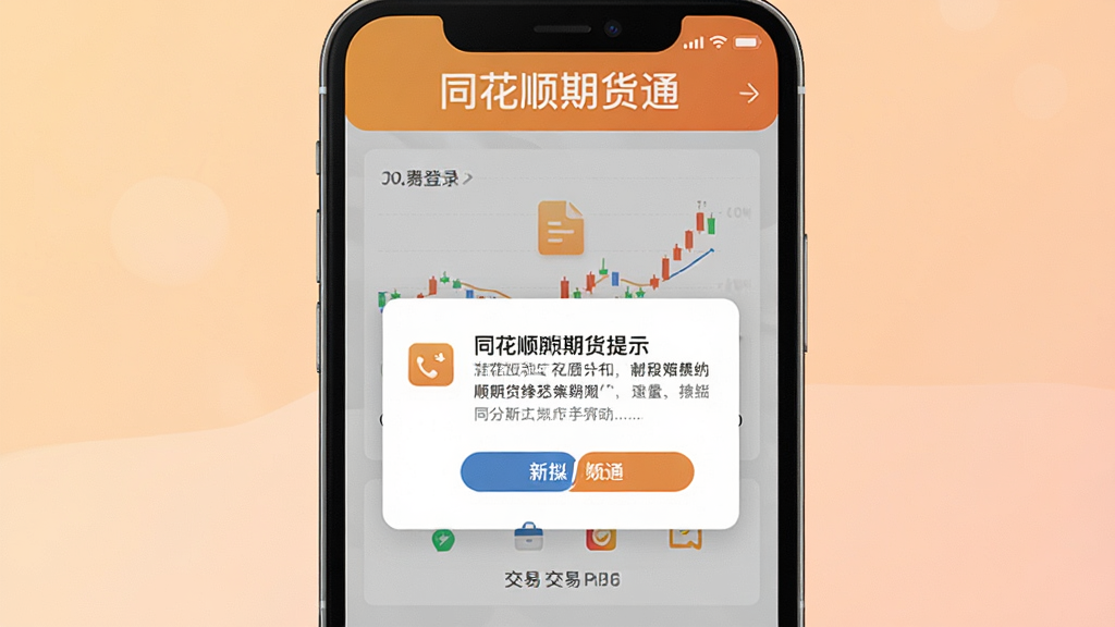 一张展示同花顺期货通新手操作提示的预览图,画面为手机屏幕内显示模拟交易登录界面与提示弹窗,屏幕上方有“同花顺期货通”文字,布局为手机居中,背景为浅橙色柔和渐变,风格友好提示,细节包括文字说明、按钮、图标,画质高清,干净无多余元素