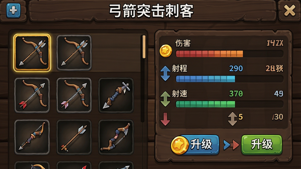 画面展示游戏内装备升级界面,左侧为不同弓箭图标列表,右侧为属性数值面板,面板中显示伤害、射程、射速等数值条,背景为深色木纹材质,画面顶部有