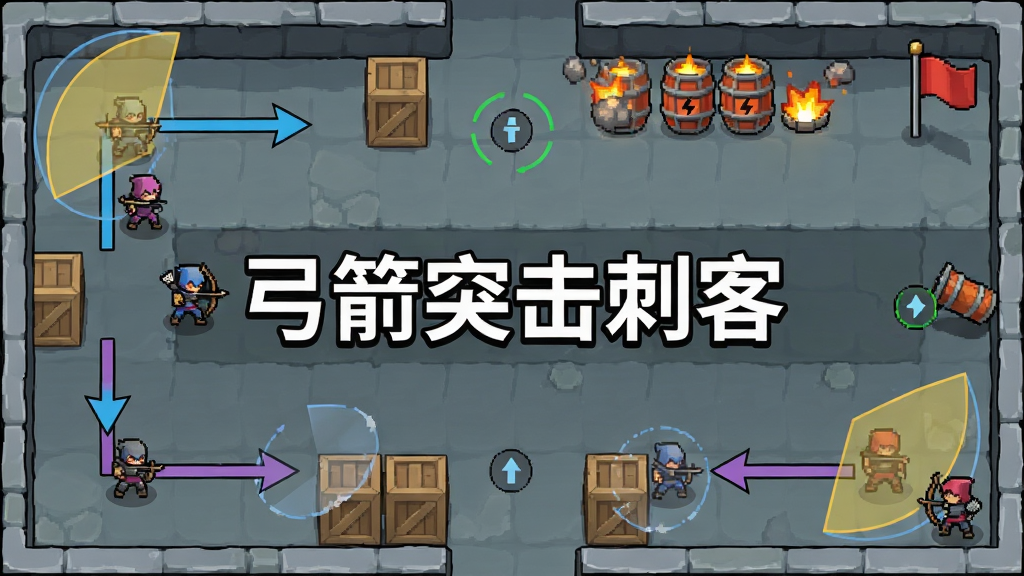 画面展示游戏关卡俯视图,包含多个敌人巡逻路线箭头、掩体箱子、爆炸桶与终点旗帜,画面中央有