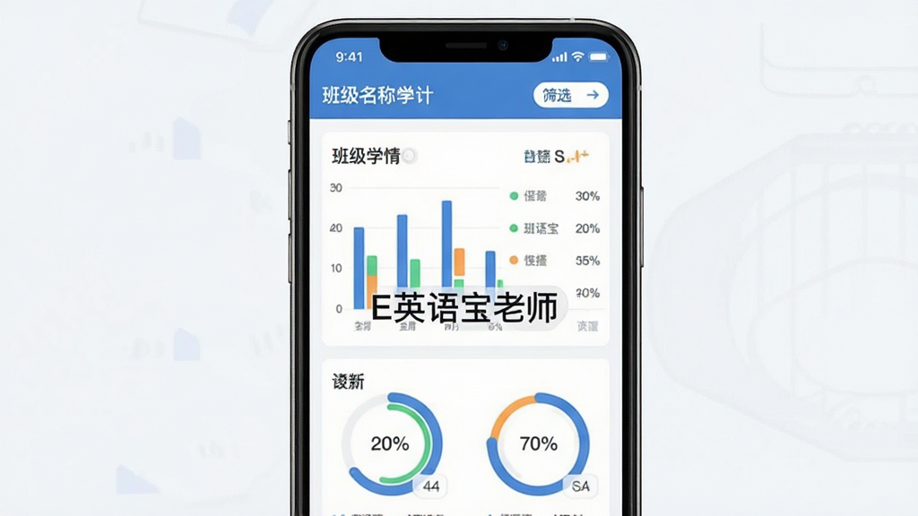 教育类应用数据看板界面,主体为手机屏幕内展示班级学情统计图表,包含柱状图与环形进度条,画面中央有