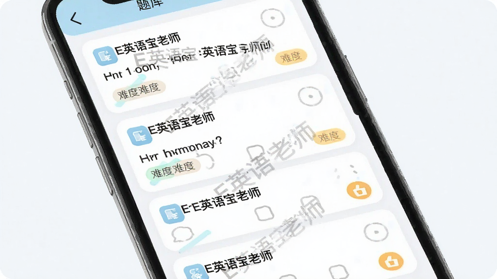 手机应用内展示英语题库列表界面,主体为手机屏幕中呈现多道英语选择题与听力题卡片,卡片上标注