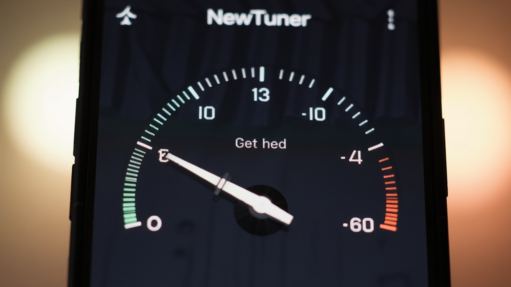 主体为手机屏幕特写,显示 NewTuner 调音界面中指针偏向左侧并标注音名,布局为居中特写,排版简洁,风格为科技感UI展示,细节包括指针刻度、频率数值与柔和背景光,画质清晰干净,无多余元素