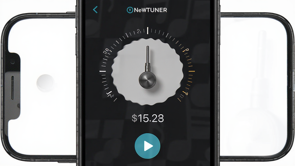 主体为手机显示 NewTuner 节拍器界面,包含摆锤动画与速度数值,布局为居中展示,排版简洁,风格为现代音乐工具UI,细节包括节拍刻度、播放按钮与深色背景,画质清晰干净,无多余元素