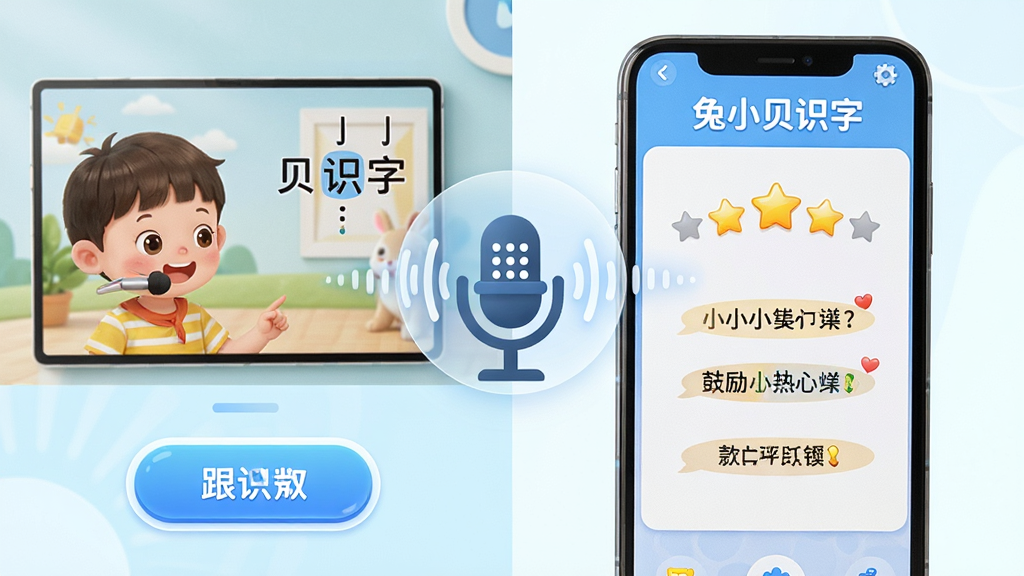 语音跟读评测功能展示,画面中央是一个麦克风图标和声波图形,旁边有儿童跟读汉字的场景,屏幕上显示\