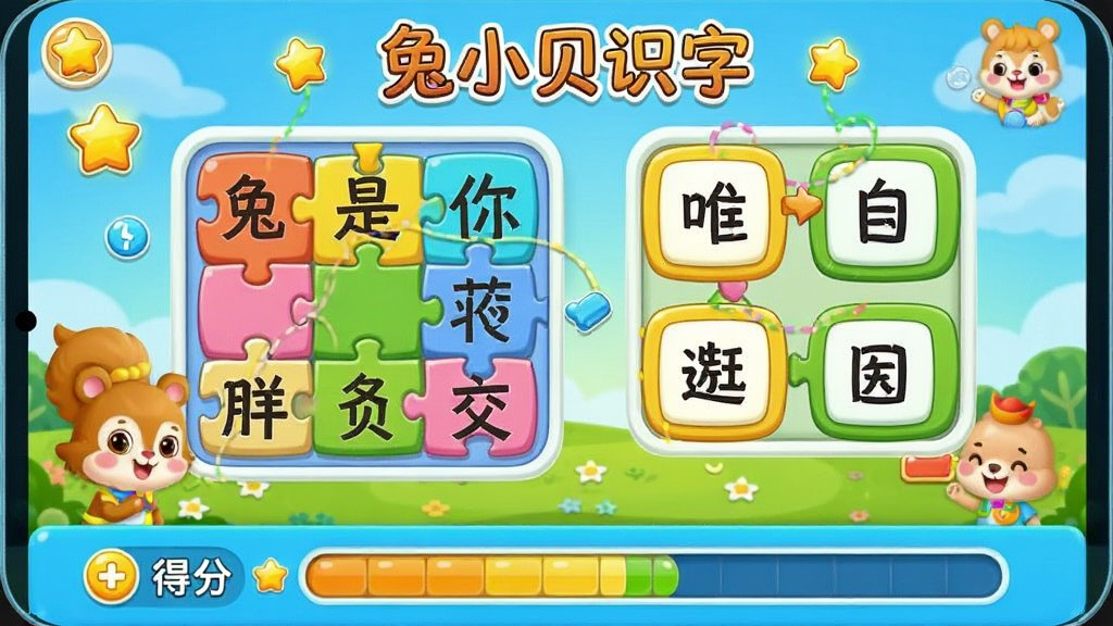 儿童在互动识字游戏中学习的场景,画面展示\