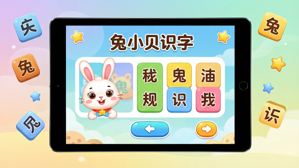 画面主体为一款儿童识字早教软件的界面展示,中央放置一台平板电脑,屏幕中显示\