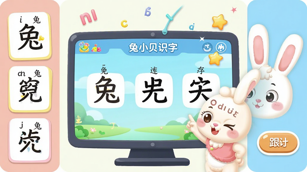卡通风格的动画识字场景,画面中央是一个正在播放汉字演变动画的大屏幕,屏幕中展示\